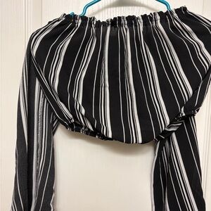 Blue Blush Black and White Vertical Stripe Blouse